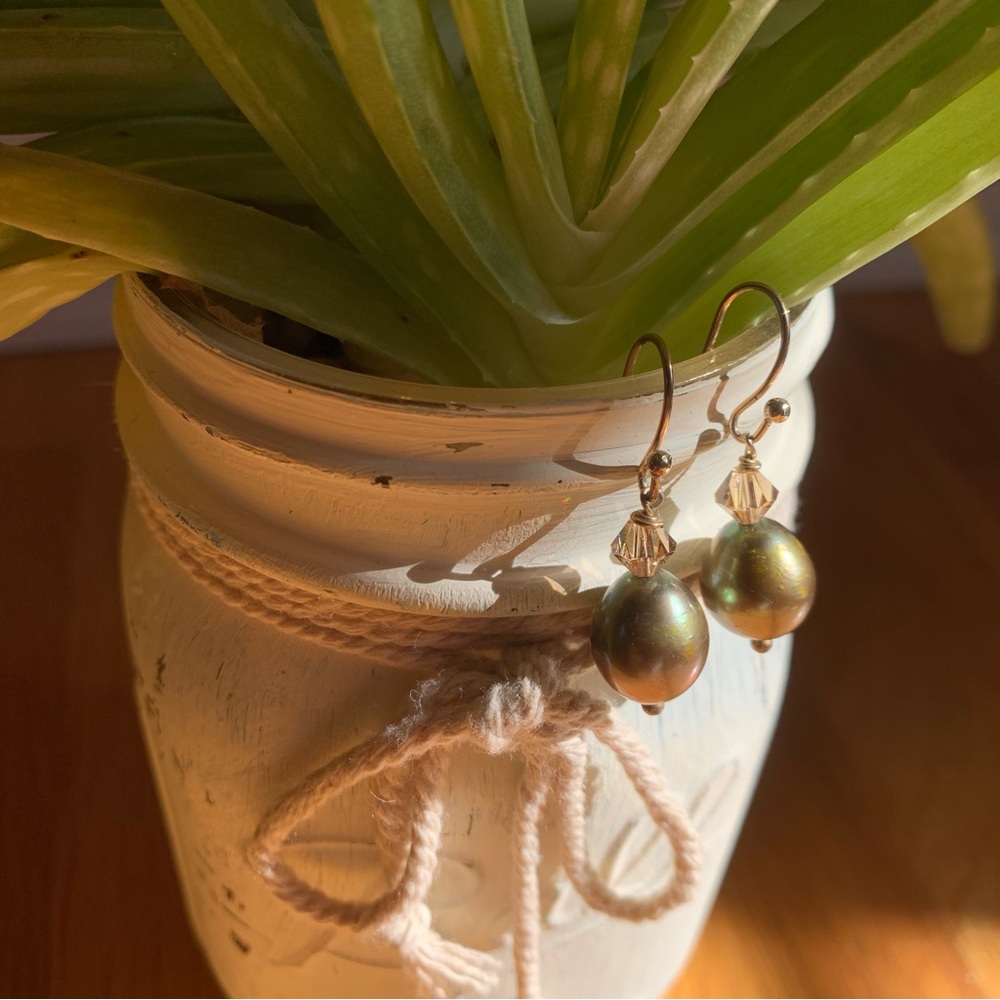 Boho Drop Earrings Dangly Boho Earrings Earthy Green Gold Tone Faux Pearl